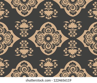 Vector damask seamless retro pattern background oriental Chinese spiral curve cross frame botanic garden leaf flower. Elegant luxury brown tone design for wallpapers, backdrops and page fill.