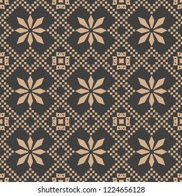 Vector damask seamless retro pattern background mosaic pixel check geometry cross frame star flower. Elegant luxury brown tone design for wallpapers, backdrops and page fill.