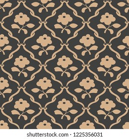 Vector damask seamless retro pattern background spiral curve cross frame vine leaf flower. Elegant luxury brown tone design for wallpapers, backdrops and page fill.