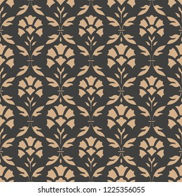 Vector damask seamless retro pattern background spiral curve cross frame botanic garden nature leaf flower. Elegant luxury brown tone design for wallpapers, backdrops and page fill.