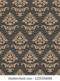 Vector damask seamless retro pattern background nature botanic garden leaf flower dot line. Elegant luxury brown tone design for wallpapers, backdrops and page fill.