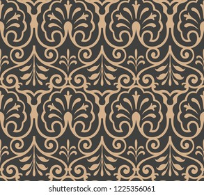 Vector damask seamless retro pattern background spiral curve vortex cross leaf frame vine flower. Elegant luxury brown tone design for wallpapers, backdrops and page fill.