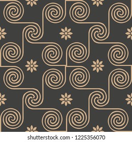 Vector damask seamless retro pattern background round spiral vortex cross frame line flower. Elegant luxury brown tone design for wallpapers, backdrops and page fill.