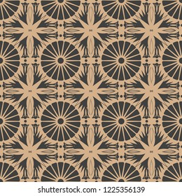 Vector damask seamless retro pattern background geometry round cross flower frame. Elegant luxury brown tone design for wallpapers, backdrops and page fill.