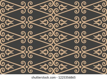 Vector damask seamless retro pattern background spiral vortex cross frame line. Elegant luxury brown tone design for wallpapers, backdrops and page fill.