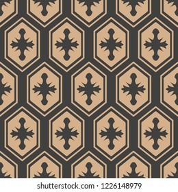 Vector damask seamless retro pattern background polygon geometry cross frame plant crest. Elegant luxury brown tone design for wallpapers, backdrops and page fill.