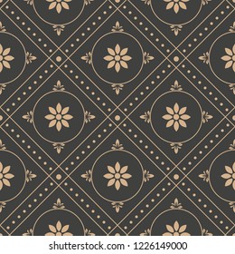 Vector damask seamless retro pattern background round geometry check cross frame dot line flower. Elegant luxury brown tone design for wallpapers, backdrops and page fill.