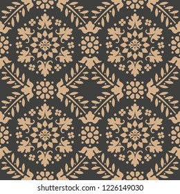Vector damask seamless retro pattern background botanic garden leaf vine wreath flower frame. Elegant luxury brown tone design for wallpapers, backdrops and page fill.
