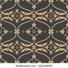 Vector damask seamless retro pattern background spiral curve cross leaf vine frame flower. Elegant luxury brown tone design for wallpapers, backdrops and page fill.