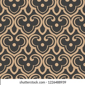 Vector damask seamless retro pattern background oriental spiral curve cross frame chain crest. Elegant luxury brown tone design for wallpapers, backdrops and page fill.