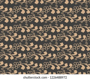 Vector damask seamless retro pattern background botanic garden spiral curve cross leaf vine flower. Elegant luxury brown tone design for wallpapers, backdrops and page fill.