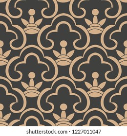 Vector damask seamless retro pattern background oriental curve cross frame chain crest. Elegant luxury brown tone design for wallpapers, backdrops and page fill.