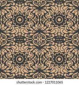 Vector damask seamless retro pattern background oriental spiral curve cross frame vine leaf flower. Elegant luxury brown tone design for wallpapers, backdrops and page fill.