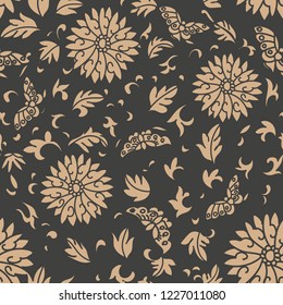 Vector damask seamless retro pattern background oriental spiral curve cross frame vine leaf flower. Elegant luxury brown tone design for wallpapers, backdrops and page fill.