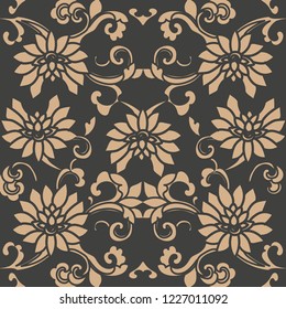 Vector damask seamless retro pattern background oriental spiral curve cross frame vine leaf flower. Elegant luxury brown tone design for wallpapers, backdrops and page fill.