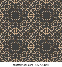 Vector damask seamless retro pattern background oriental spiral curve cross frame chain vine. Elegant luxury brown tone design for wallpapers, backdrops and page fill.