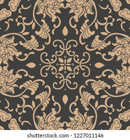 Vector damask seamless retro pattern background botanic garden spiral curve cross plant frame vine leaf flower. Elegant luxury brown tone design for wallpapers, backdrops and page fill.