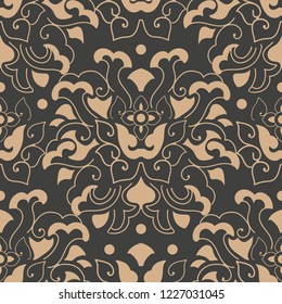 Vector damask seamless retro pattern background spiral curve cross botnaic garden frame leaf vine flower. Elegant luxury brown tone design for wallpapers, backdrops and page fill.