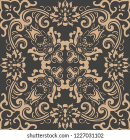 Vector damask seamless retro pattern background oriental spiral curve cross frame leaf vine flower. Elegant luxury brown tone design for wallpapers, backdrops and page fill.