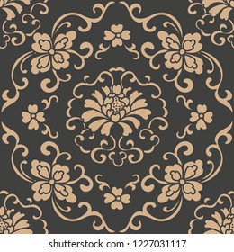 Vector damask seamless retro pattern background spiral curve cross flower peony leaf frame vine wreath. Elegant luxury brown tone design for wallpapers, backdrops and page fill.