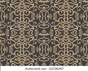 Vector damask seamless retro pattern background oriental spiral curve cross frame chain crest. Elegant luxury brown tone design for wallpapers, backdrops and page fill.