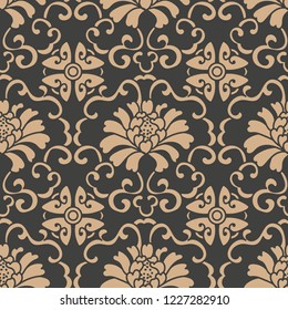 Vector damask seamless retro pattern background oriental round spiral curve cross frame vine leaf flower peony chain. Elegant luxury brown tone design for wallpapers, backdrops and page fill.