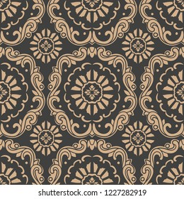 Vector damask seamless retro pattern background oriental round spiral curve cross frame vine leaf flower chain. Elegant luxury brown tone design for wallpapers, backdrops and page fill.