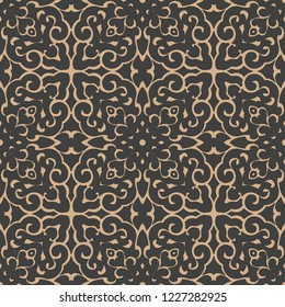 Vector damask seamless retro pattern background oriental spiral curve cross frame leaf vine flower chain. Elegant luxury brown tone design for wallpapers, backdrops and page fill.