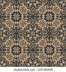 Vector damask seamless retro pattern background spiral curve cross oriental frame chain leaf vine flower. Elegant luxury brown tone design for wallpapers, backdrops and page fill.
