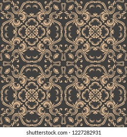 Vector damask seamless retro pattern background spiral curve cross oriental frame chain leaf vine flower. Elegant luxury brown tone design for wallpapers, backdrops and page fill.