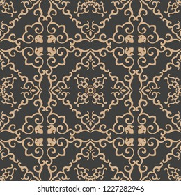Vector damask seamless retro pattern background spiral curve cross oriental frame chain leaf vine flower. Elegant luxury brown tone design for wallpapers, backdrops and page fill.