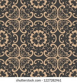Vector damask seamless retro pattern background spiral curve cross oriental frame chain leaf vine flower. Elegant luxury brown tone design for wallpapers, backdrops and page fill.