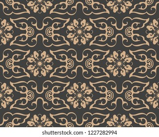 Vector damask seamless retro pattern background oriental spiral curve cross frame leaf vine flower chain. Elegant luxury brown tone design for wallpapers, backdrops and page fill.