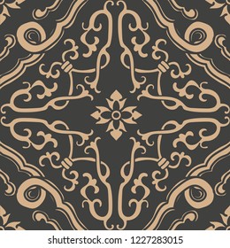 Vector damask seamless retro pattern background oriental spiral curve cross frame leaf vine flower chain. Elegant luxury brown tone design for wallpapers, backdrops and page fill.