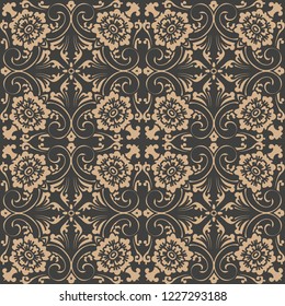 Vector damask seamless retro pattern background spiral curve cross oriental frame chain leaf vine flower. Elegant luxury brown tone design for wallpapers, backdrops and page fill.