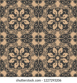 Vector damask seamless retro pattern background spiral curve cross oriental frame chain leaf vine flower. Elegant luxury brown tone design for wallpapers, backdrops and page fill.