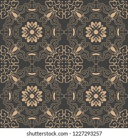 Vector damask seamless retro pattern background spiral curve cross oriental frame chain vine flower. Elegant luxury brown tone design for wallpapers, backdrops and page fill.