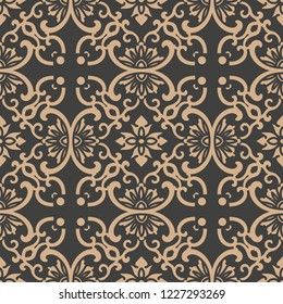 Vector damask seamless retro pattern background spiral curve cross oriental frame chain vine flower. Elegant luxury brown tone design for wallpapers, backdrops and page fill.