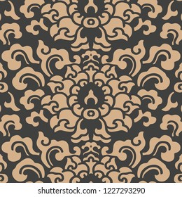 Vector damask seamless retro pattern background spiral curve cross oriental frame chain vine flower. Elegant luxury brown tone design for wallpapers, backdrops and page fill.
