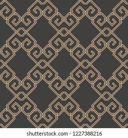 Vector damask seamless retro pattern background oriental spiral cruve cross frame chain. Elegant luxury brown tone design for wallpapers, backdrops and page fill.