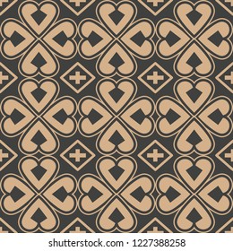 Vector damask seamless retro pattern background heart curve cross check frame chain flower kaleidoscope. Elegant luxury brown tone design for wallpapers, backdrops and page fill.