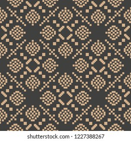 Vector damask seamless retro pattern background mosaic pixel geometry cross frame kaleidoscope. Elegant luxury brown tone design for wallpapers, backdrops and page fill.