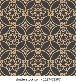 Vector damask seamless retro pattern background round spiral curve cross frame vine flower. Elegant luxury brown tone design for wallpapers, backdrops and page fill.
