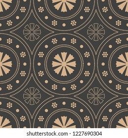 Vector damask seamless retro pattern background round botanic garden cross dot line frame flower. Elegant luxury brown tone design for wallpapers, backdrops and page fill.