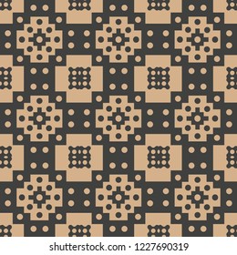 Vector damask seamless retro pattern background round dot square polygon cross geometry kaleidoscope. Elegant luxury brown tone design for wallpapers, backdrops and page fill.