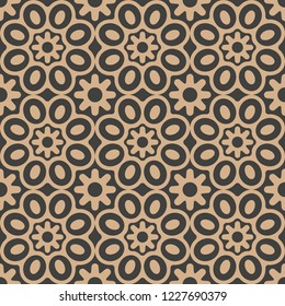 Vector damask seamless retro pattern background round curve cross frame flower chain kaleidoscope. Elegant luxury brown tone design for wallpapers, backdrops and page fill.