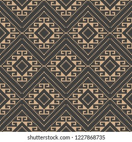 Vector damask seamless retro pattern background geometry polygon aboriginal cross check frame line chain. Elegant luxury brown tone design for wallpapers, backdrops and page fill.