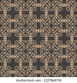 Vector damask seamless retro pattern background spiral curve cross oriental frame chain crest. Elegant luxury brown tone design for wallpapers, backdrops and page fill.