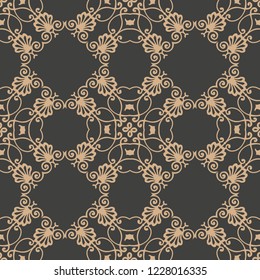 Vector damask seamless retro pattern background botanic garden spiral curve cross frame chain vine flower. Elegant luxury brown tone design for wallpapers, backdrops and page fill.