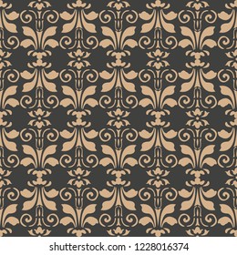 Vector damask seamless retro pattern background spiral curve cross leaf vine frame flower. Elegant luxury brown tone design for wallpapers, backdrops and page fill.